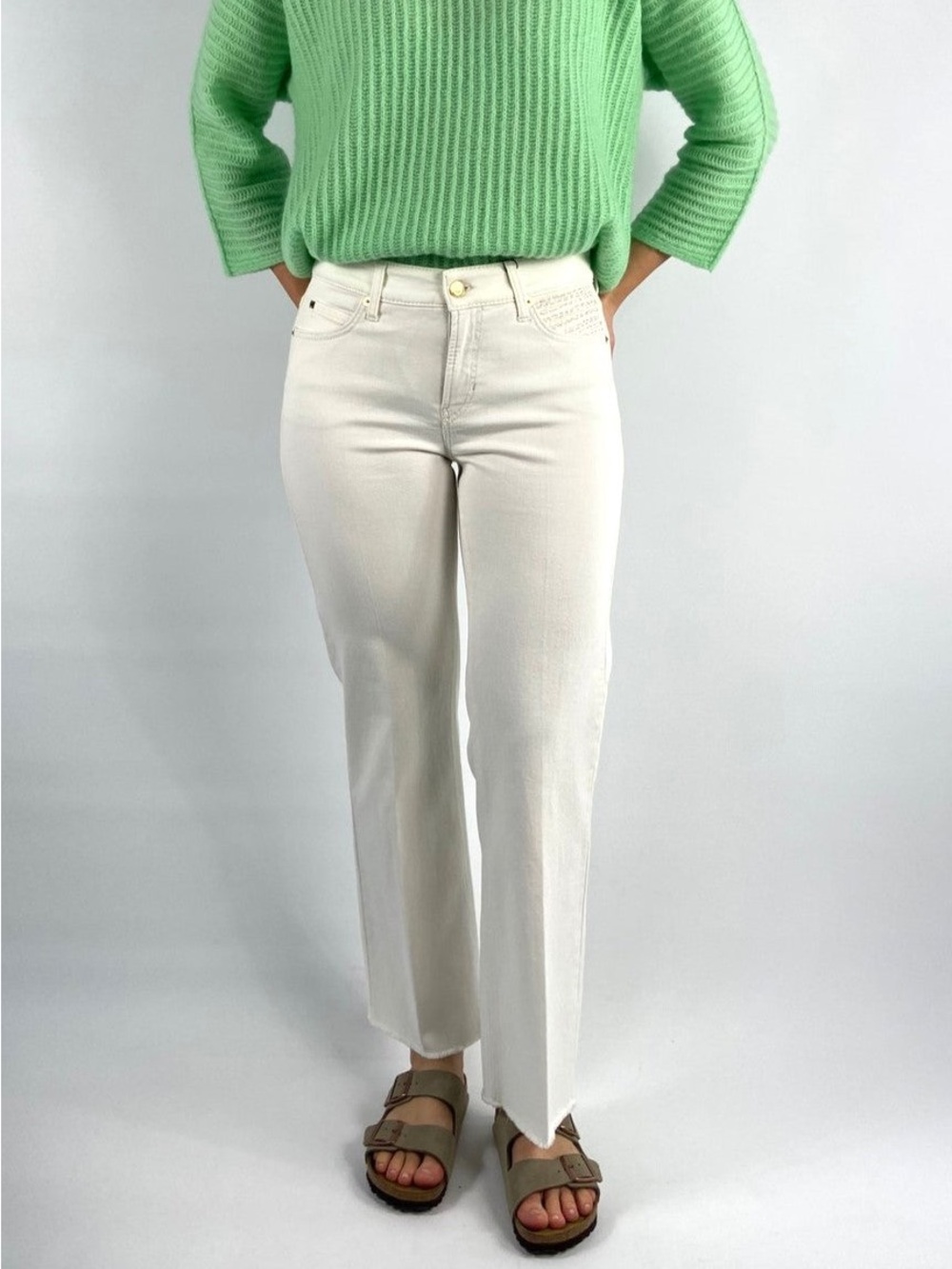 Cambio Francesca straight leg denim cream jeans pearl embroidered detail raw hem